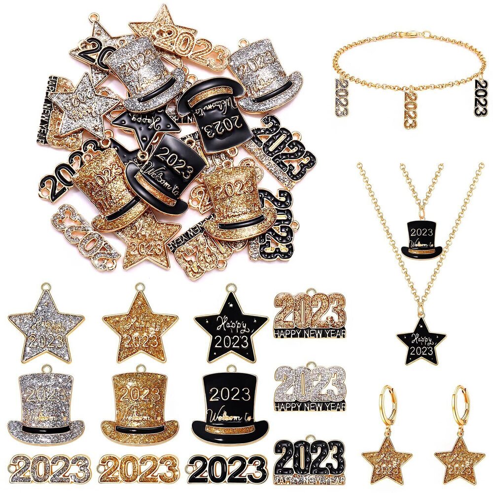8914 24PCS Happy New Year Charms for Jewelry Making, 2023 Year Charms